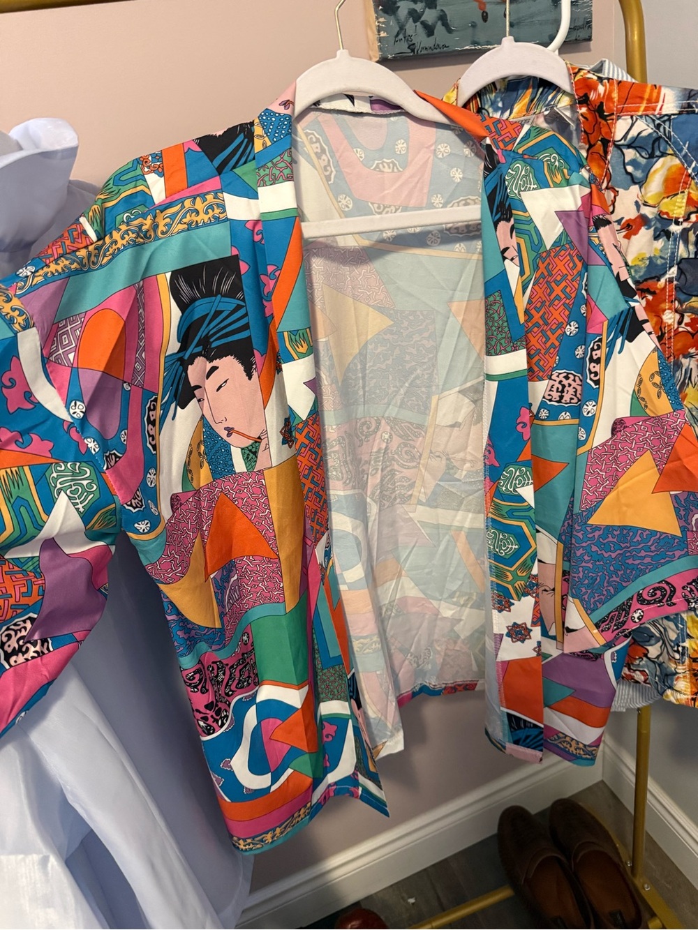 Colorful Geisha Print Open Kimono Jacket